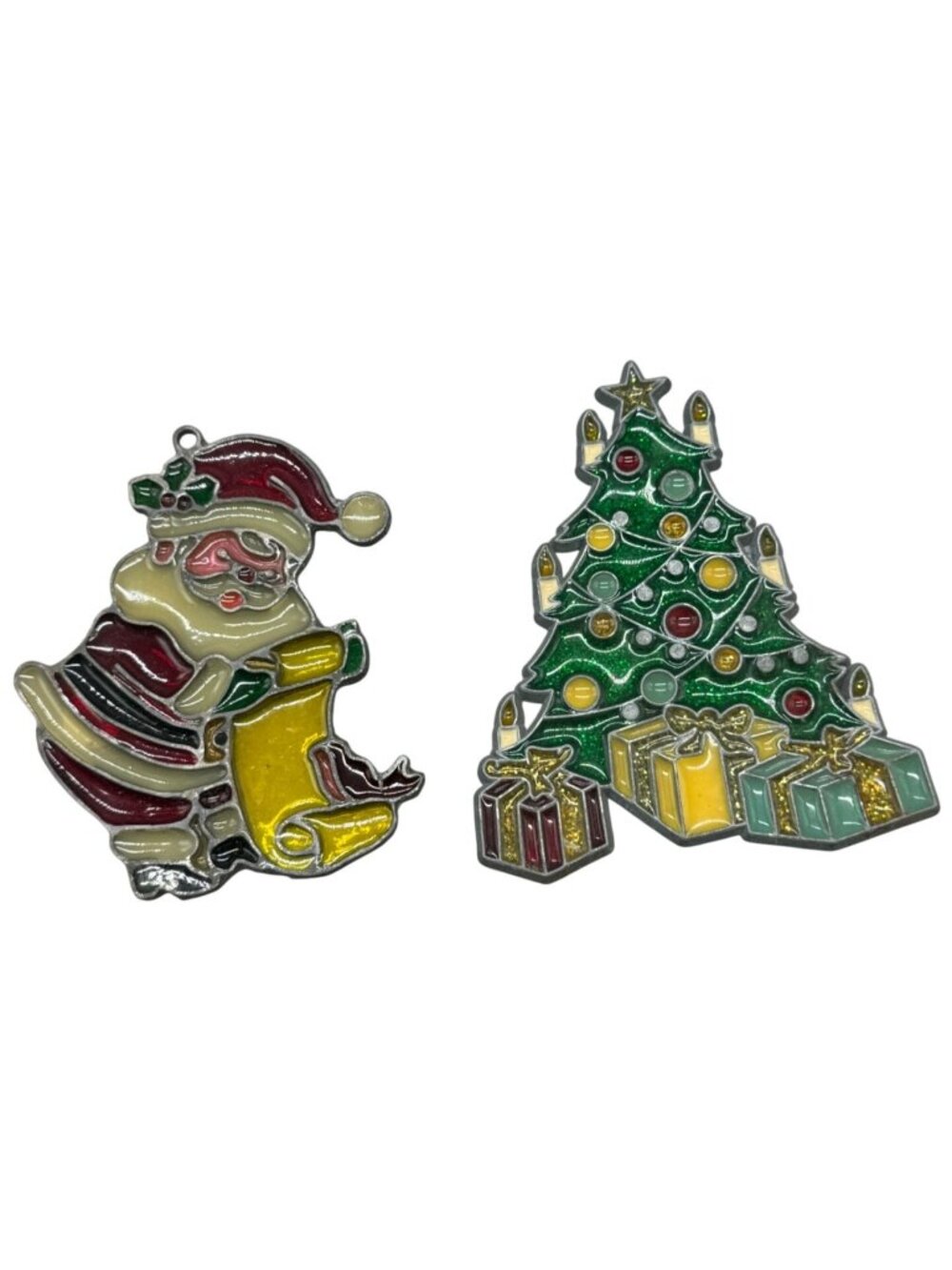 Vintage Handcrafted Metal & Resin Christmas Ornaments Santa & Tree Set READ